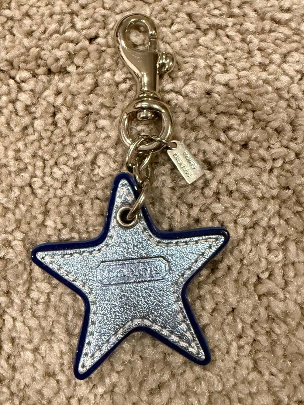 Coach Metallic Silver and Blue Leather Star Bag Charm Keychain